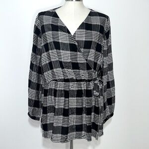 Lane Bryant Black Metallic Plaid Wrap Blouse Size 16